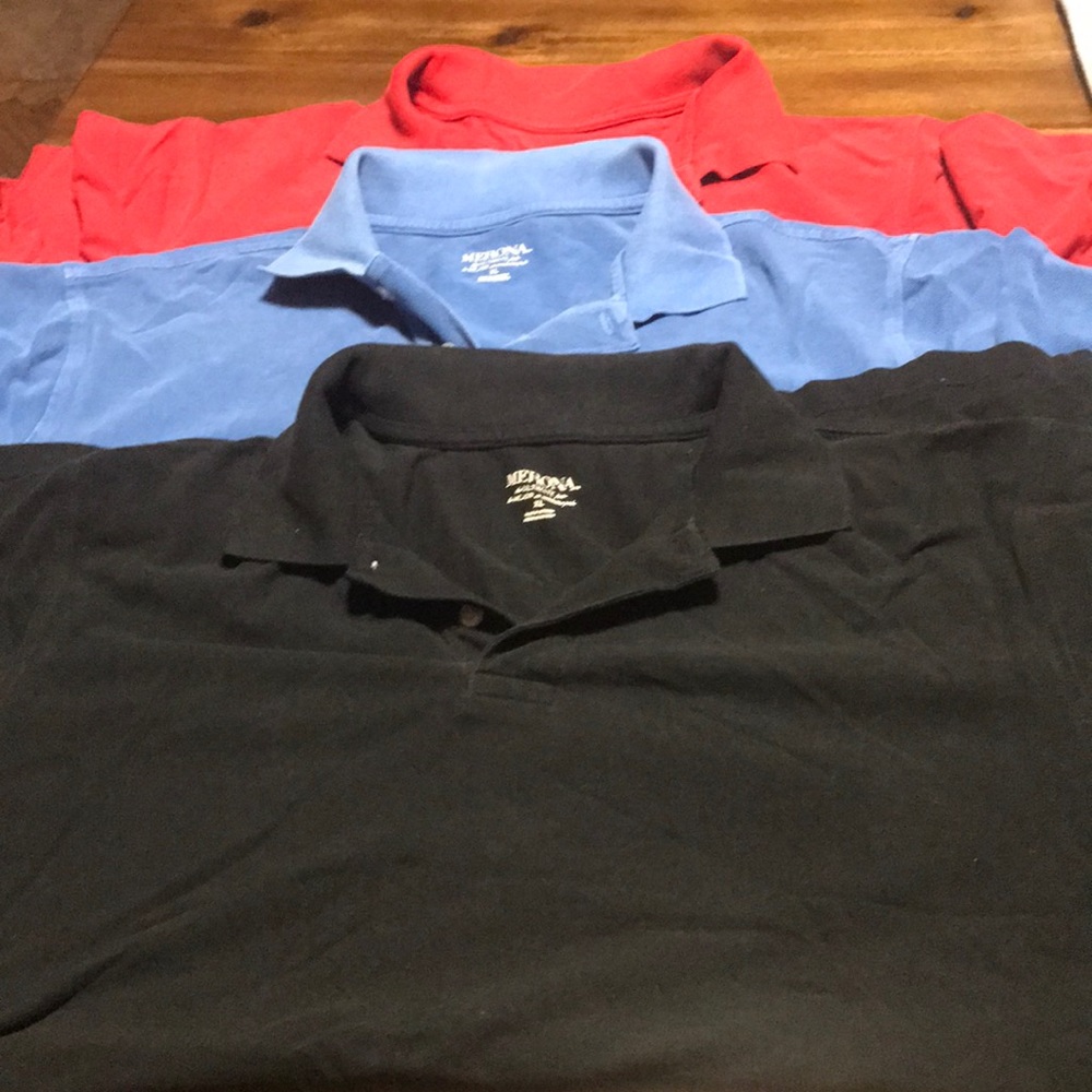 Merona polo shirts - black, blue and red.